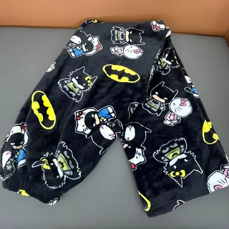 Olá kitty batman pijama novo sanrio y2k outono calças dos desenhos animados hip hop senhoras quente casual flanela bonito calças estilo de pelúcia roupas