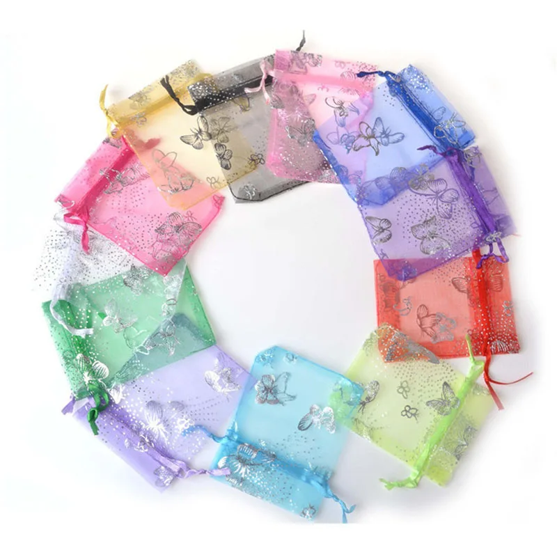 100pcs/lot 7*9, 9*12, 11*16, 13*18cm Silver Butterfly Organza Drawstring Bag Wedding Candy Jewelry Gift Packing Pouch Decoration