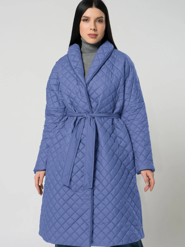 

Nice Long Straight Winter Coat with Rhombus Pattern New Blue Loose Casual Sashes Women Parkas Keep Warm Thicken Fashion Coats