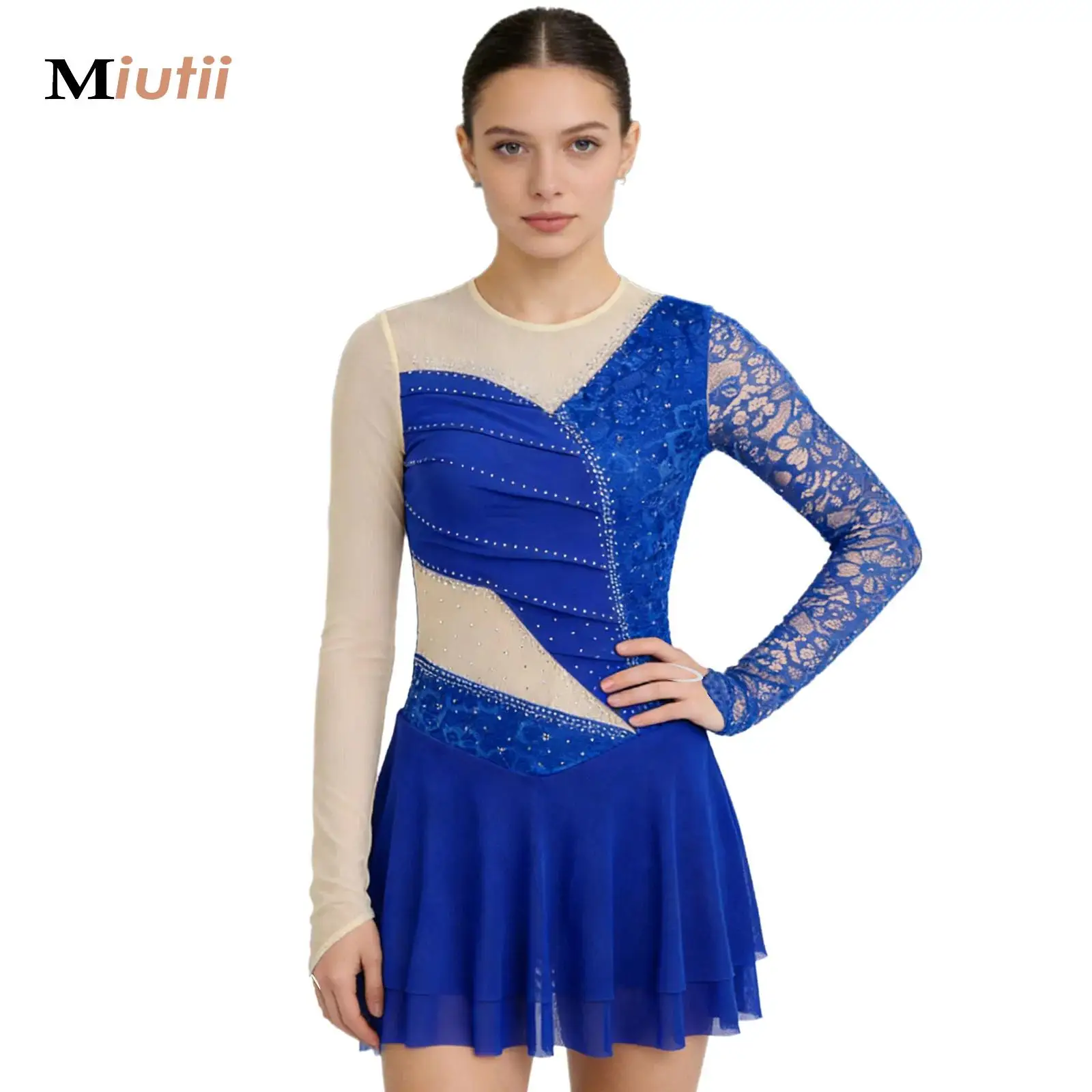 

Adults Lace Long Sleeves Gymnastic Leotard Dress Women Lyrical Modern Stage Performance Ballet Dance Figure Ice Skating Clothes