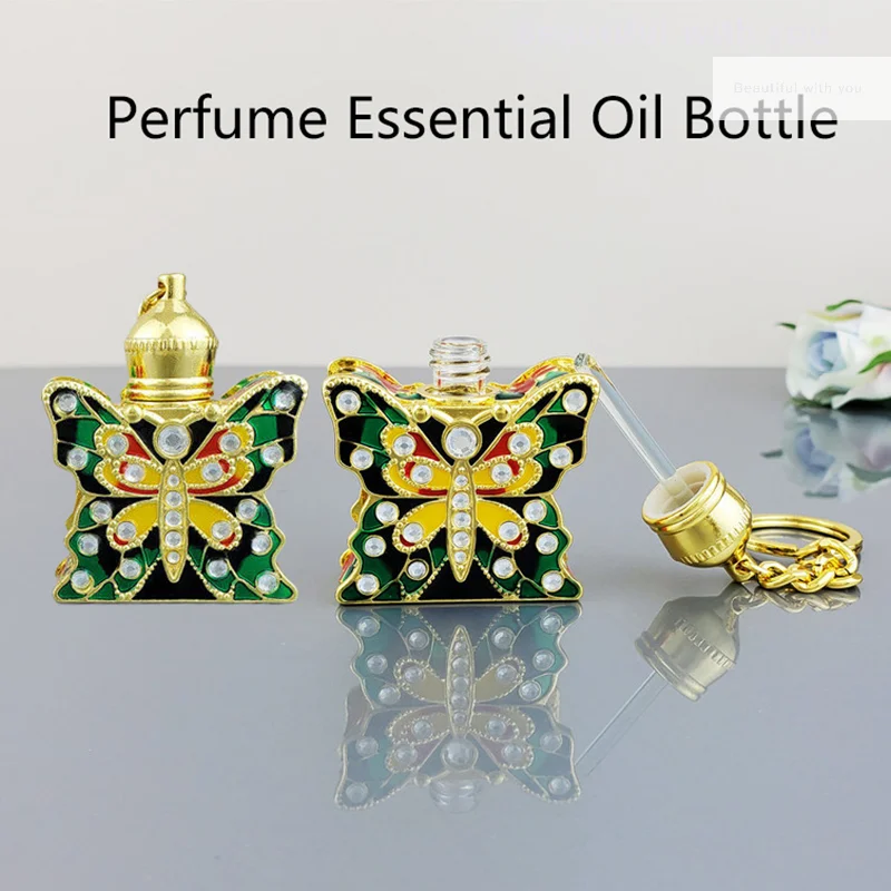 Butterfly Shape Perfume Bottle Metal Vintage Arab Style Essential Oils Screw Bottle Essential Oils Dropper Bottle With Key Chain