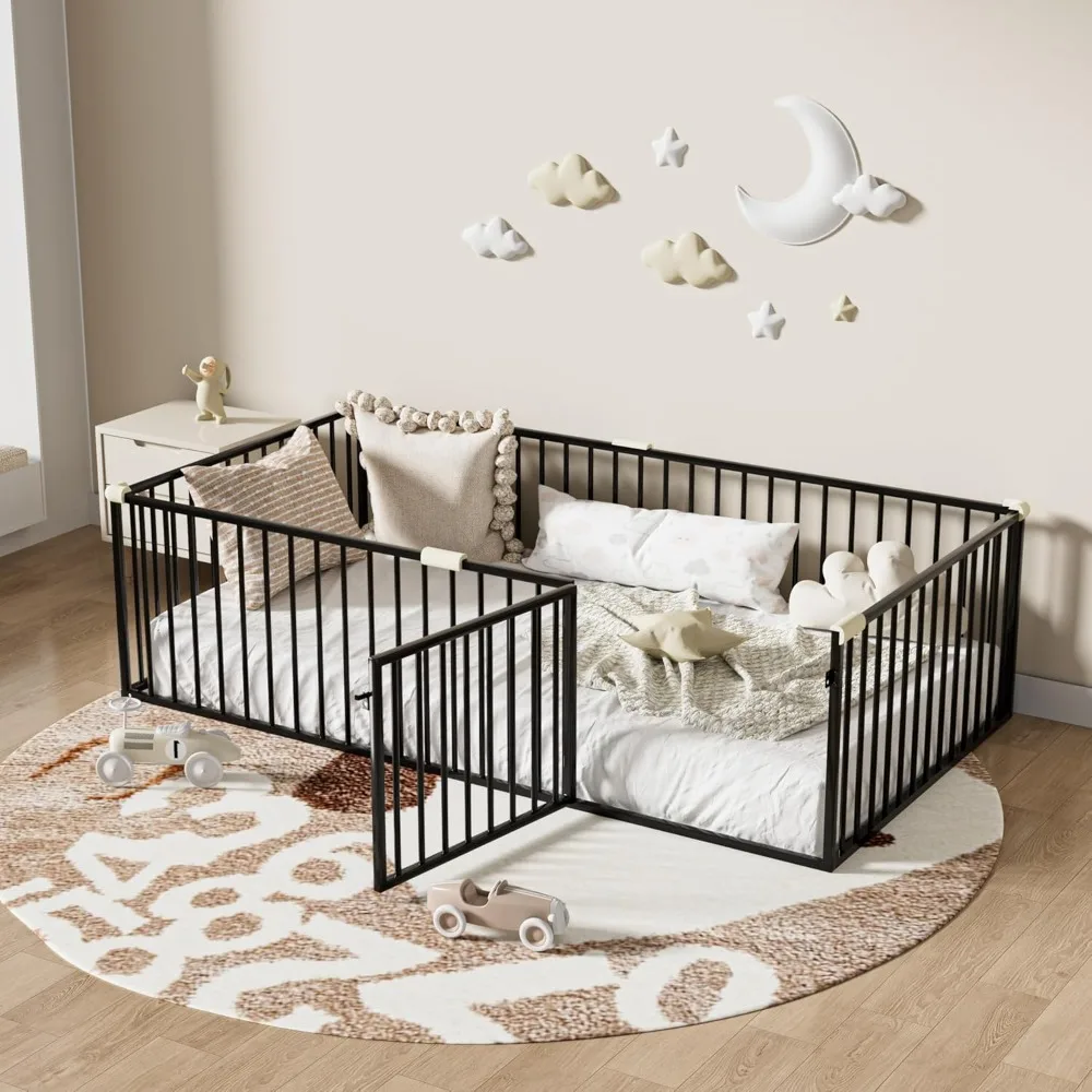 Twin Floor Bed for Children, Metal Montessori Bed with Rails and Door, Montessori Floor Beds Frame for Girls and Boys, Easy Asse