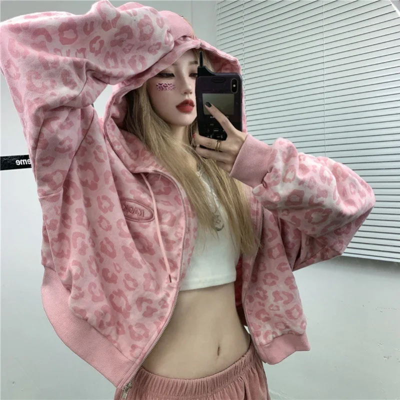 Streetwear Leopard Women Crop Hoodies Cute Pink Long Sleeve Fall Short Coats Loose Harajuku Oversize Female Tops Dropship