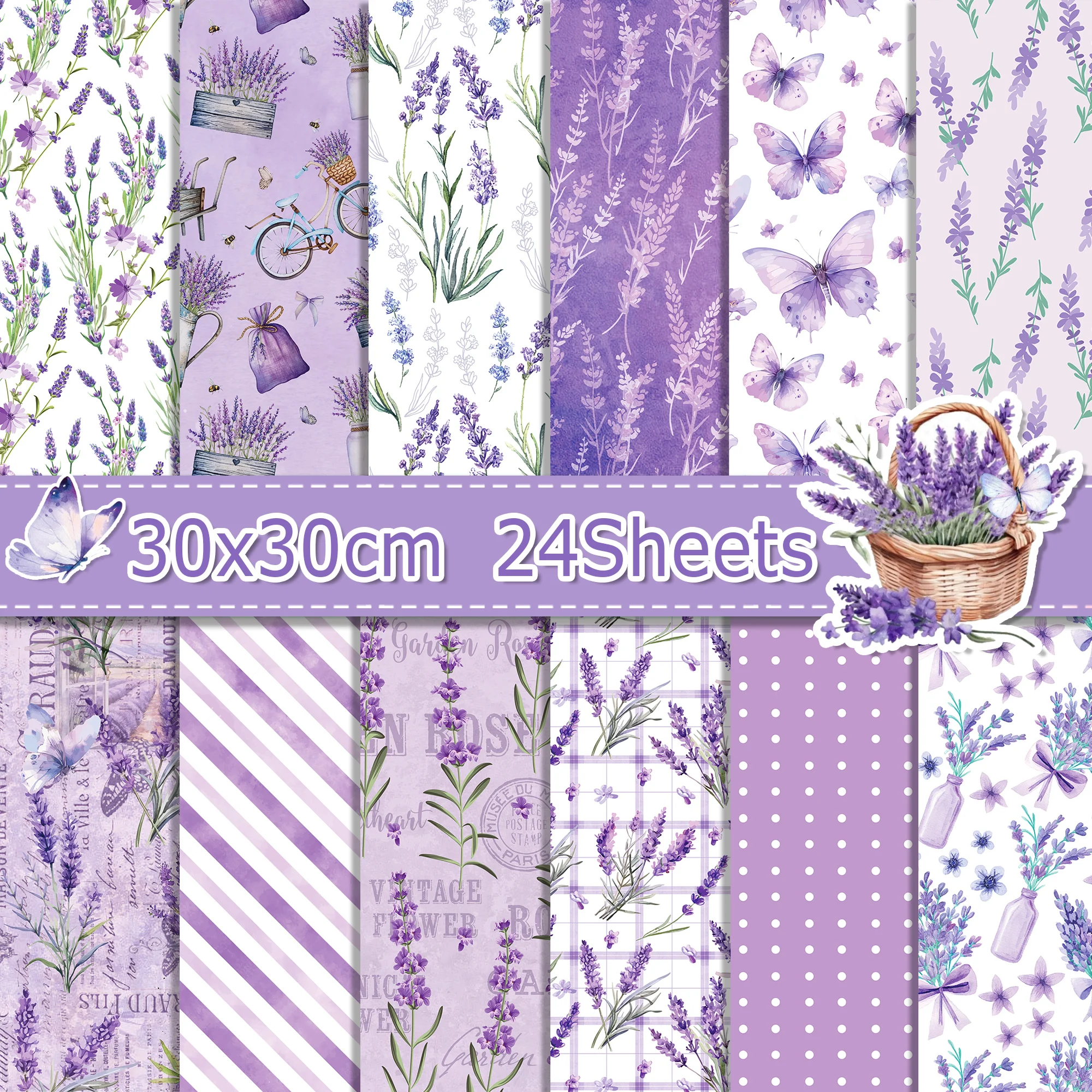24pcs 30*30cm Lavender Plants Scrapbook Craft Paper DIY Craft Art Background Paper Origami Card Making Photo Album Decoration