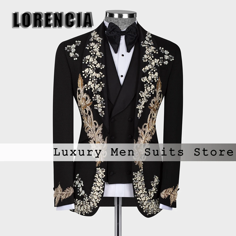 

Sparkly Crystal Applique Male Suit 3 Piece Shawl Collar Tuxedos Wedding Party Outfit Customized Blazer Pants trajes para hombre