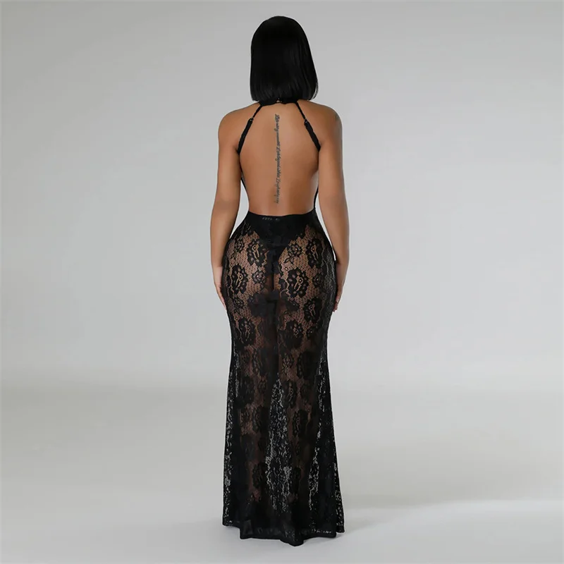 Summer Women Backless Halter Slim Party Sexy Long Lace Dress Perspective 2024 Sleeveless See Through Hot Sexy Night Club Dress