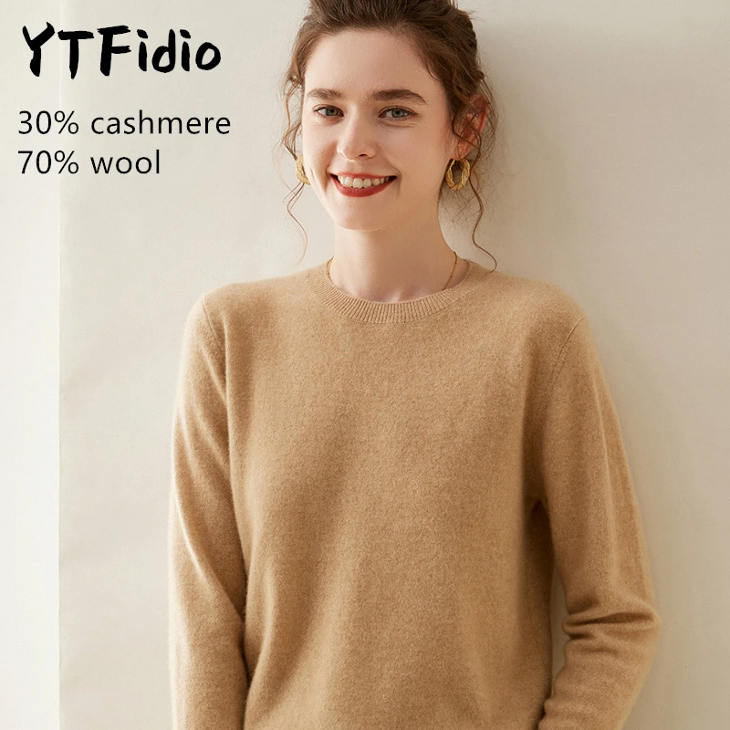 YTFidio-Pull en cachemire à manches longues et col rond pour femme, pull en laine mérinos, pulls décontractés, tricots solides, automne, Y-100