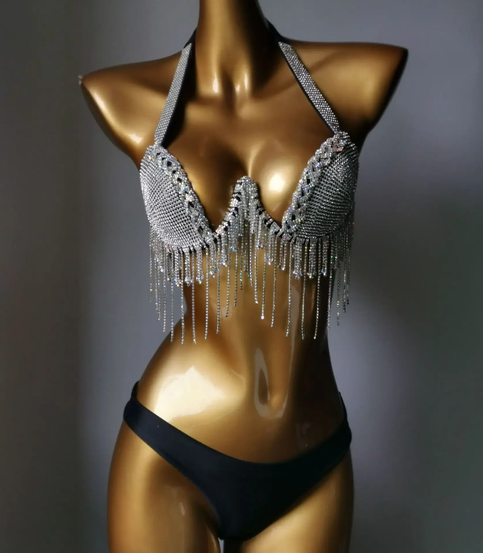 2025 New Diamond Tassel Bikini Set Diamond Swimwear Nightclub Clothing Fitness Fitness Fitness Performance Clothing Silvery