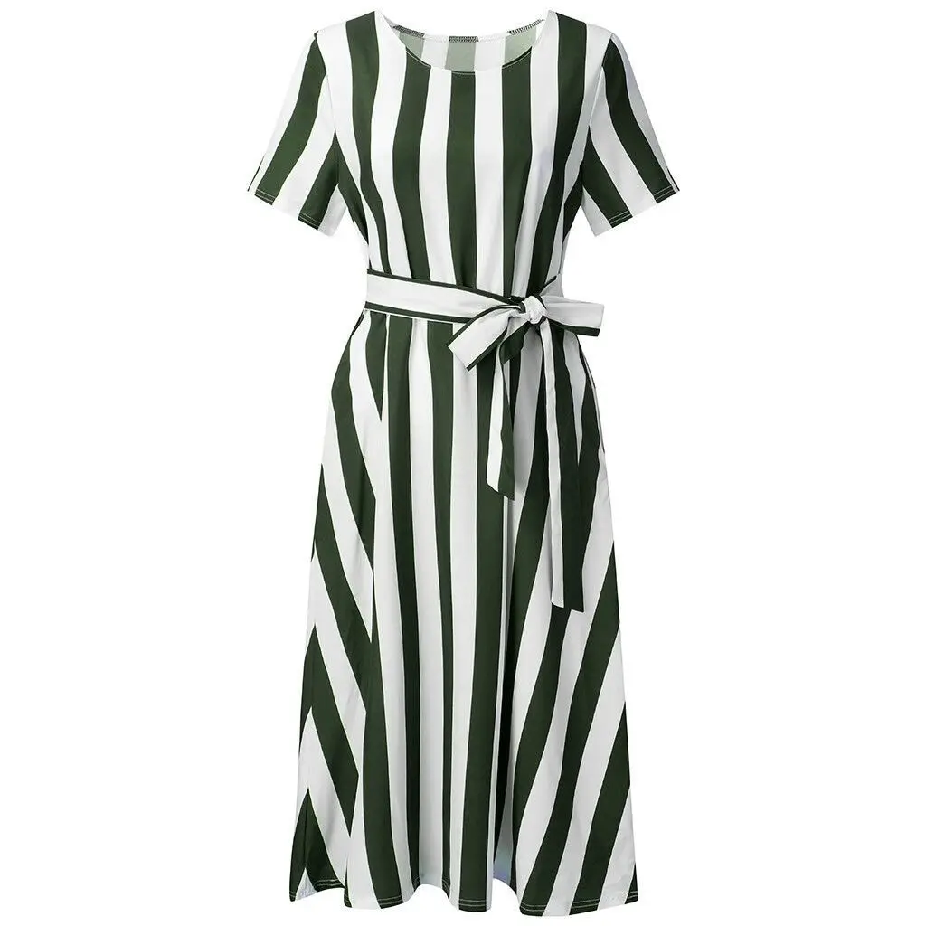 Damen Sweet Sle Gestreifter Casual Dr mit Kettes Or Sve Round Ne Langer Rock mit lockerer Taille aus Polyesterfaser