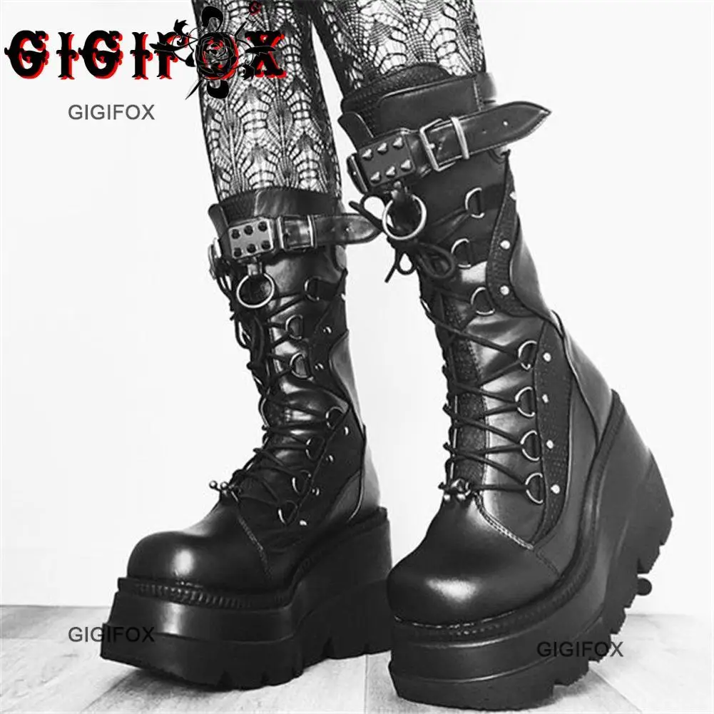 

GIGIFOX Winter Sale Punk Halloween Witch Cosplay Platform High Wedges Heels Black Goth Chunky Boots Women Shoes Big Size 43