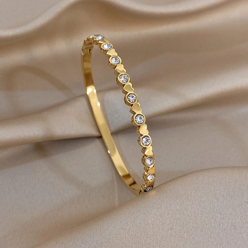 Shiny Colorful Zirconia Inlaid Stainless Steel Bracelet Bangle Women Minimalist Stackable Round Cuff Bangle Waterproof Jewelry