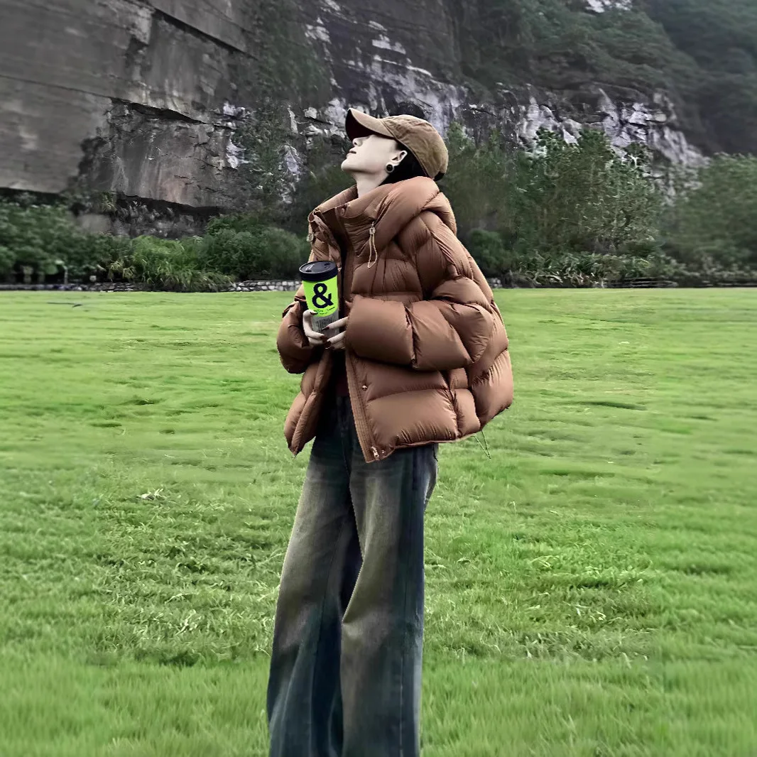 2025 New Autumn Winter Thiened Bread Sle Pure Color Puff ort Coat with Hat Warm down Cotton Jaet Women's Knitted Wear