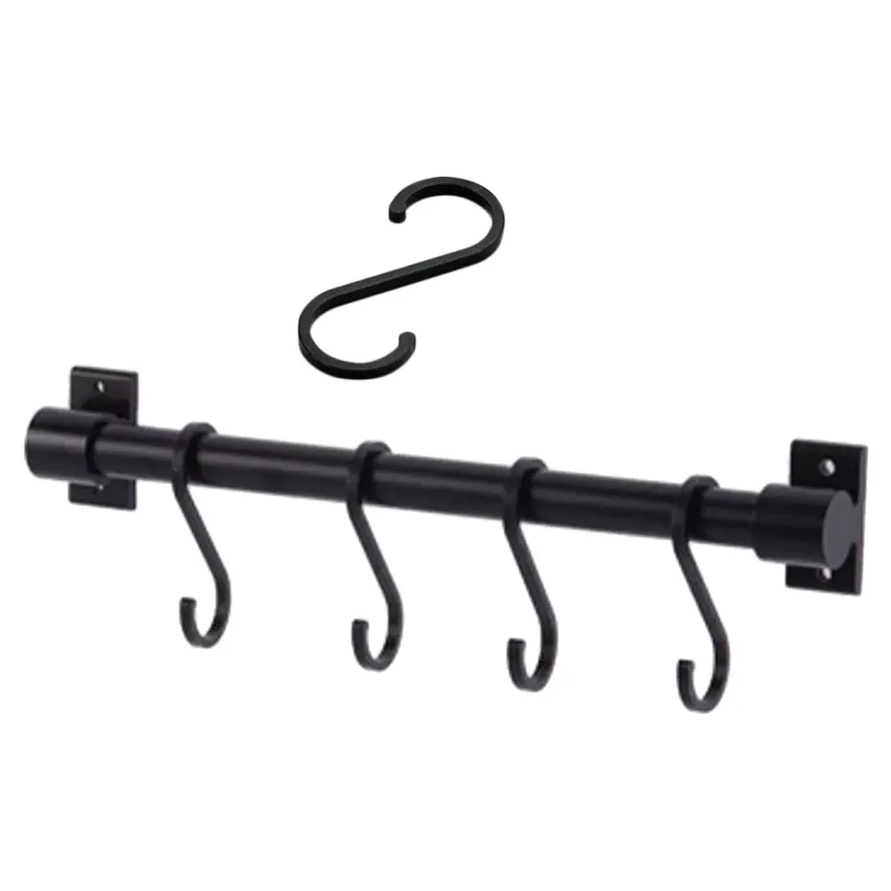 

5 Hooks 30CM Black Wall Mounted Kitchen Rail Rack for Pots Pans Towels Utensil Hanger Without Drilling Storage Solution Hook