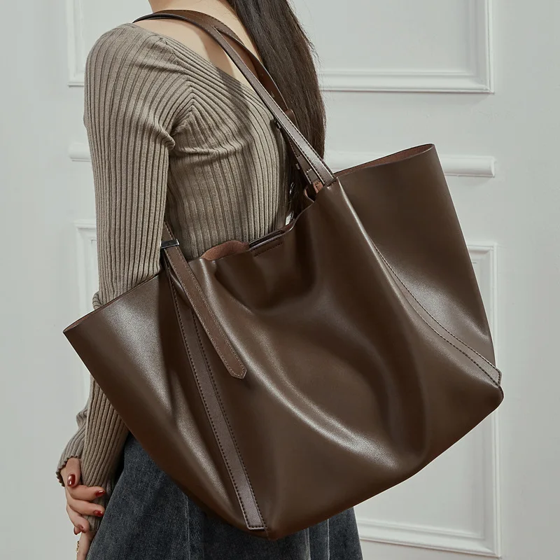 

2025 Genuine Leather Tote Bag for Women Large Capacity Korean Style Mother-Daughter Set Vintage Fashion Shoulder Bag