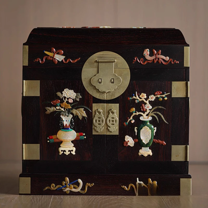 single board inlaid with Baibao official leather box mahogany storage box indoor home cultural ornament collection collection