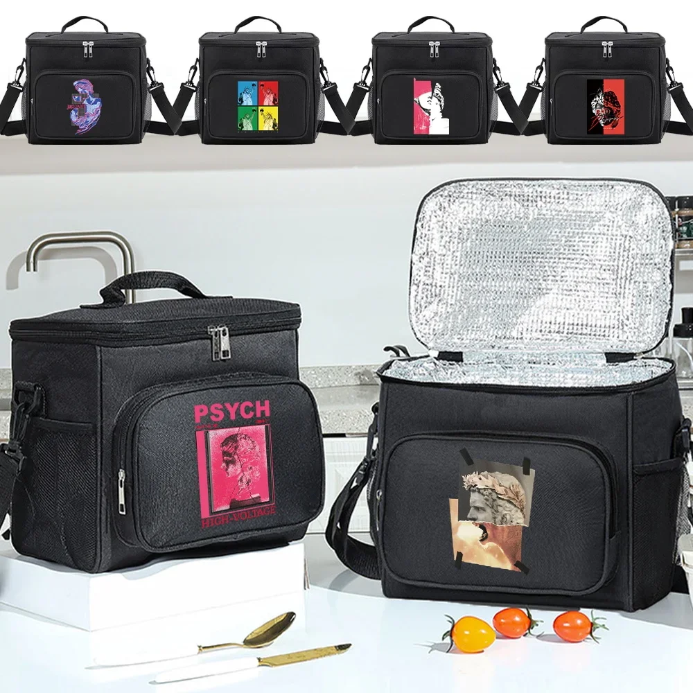 2026 Multi-Pocket Lunch Box for College Student Black Color Food Tote Bag Storage Bag Organizer Bento Sculpture Series Printing