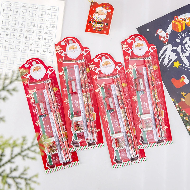 5Pcs/set Cute Christmas Stationery Set Santa Claus Pencil Ruler Pencil Sharpener Eraser School Supplies Children Prizes Gift