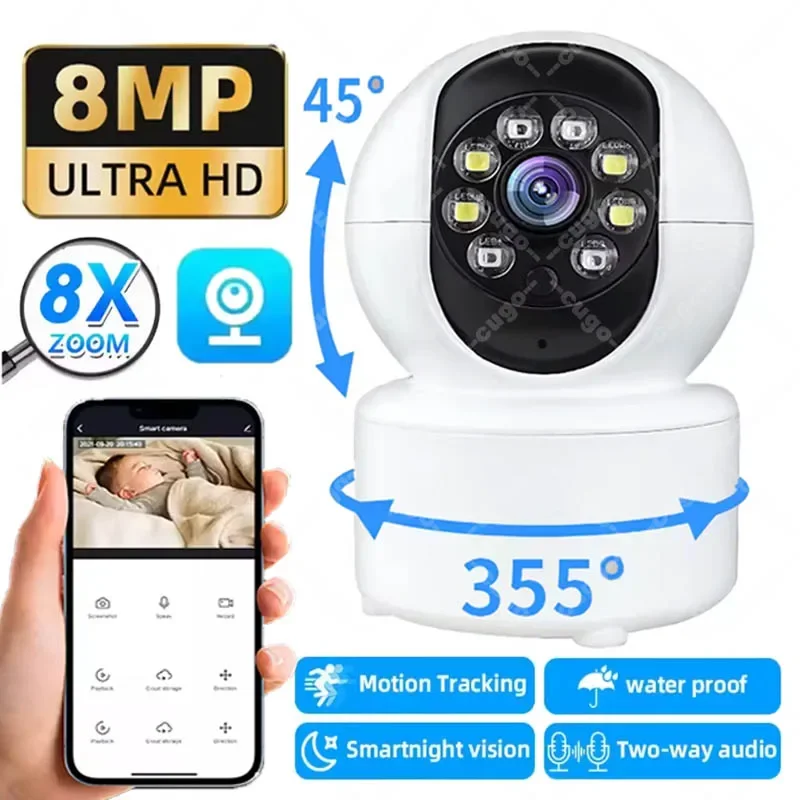 كاميرا واي فاي 4K 8MP لأمن المنزل تدعم لون الصوت في اتجاهين للرؤية الليلية تنبيهات تتبع الإنسان كاميرا مراقبة الطفل الداخلية