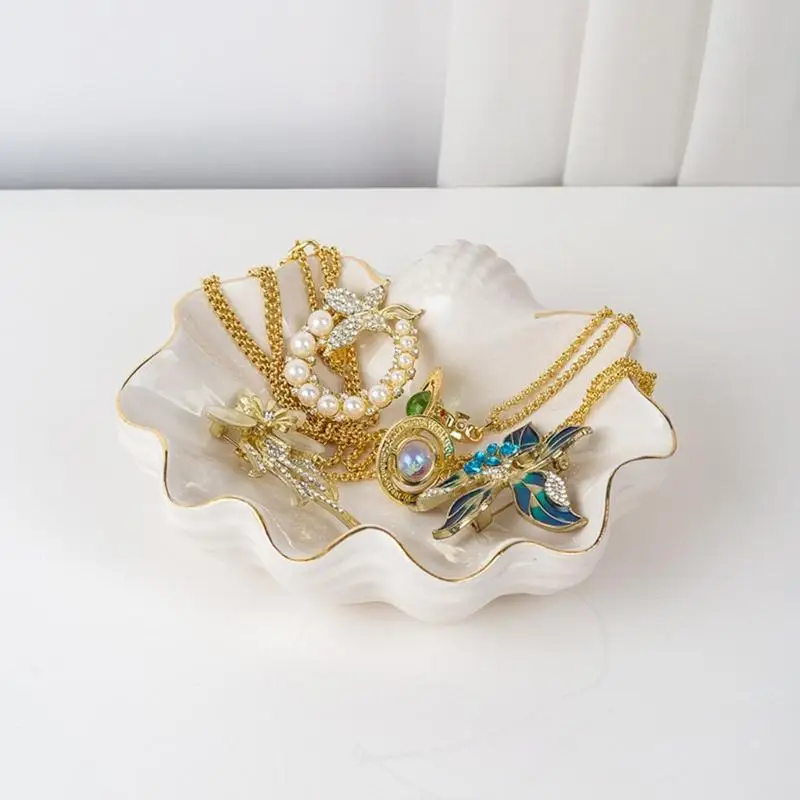 31BB White Ceramic Shell Shaped Jewelry Tray Holder with Irregular Designs Perfect for Storing Necklaces Bracelets Earrings