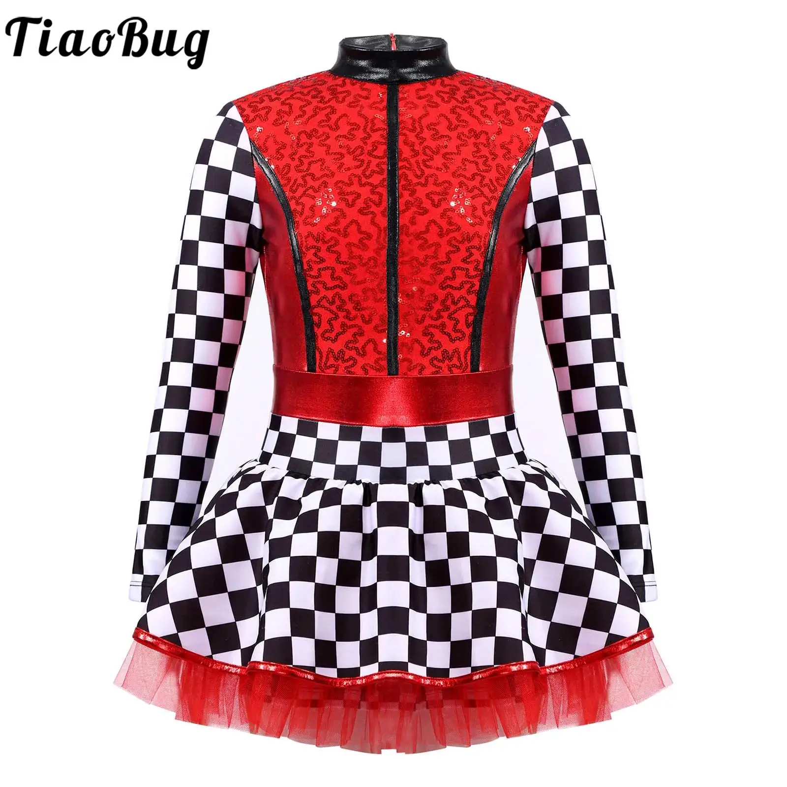 Kids Girls paillettes Racer Costume Halloween Race Car Driver Fancy Dress Checkerboard Print Shiny Sequin Tutu Dress Racer Dresses