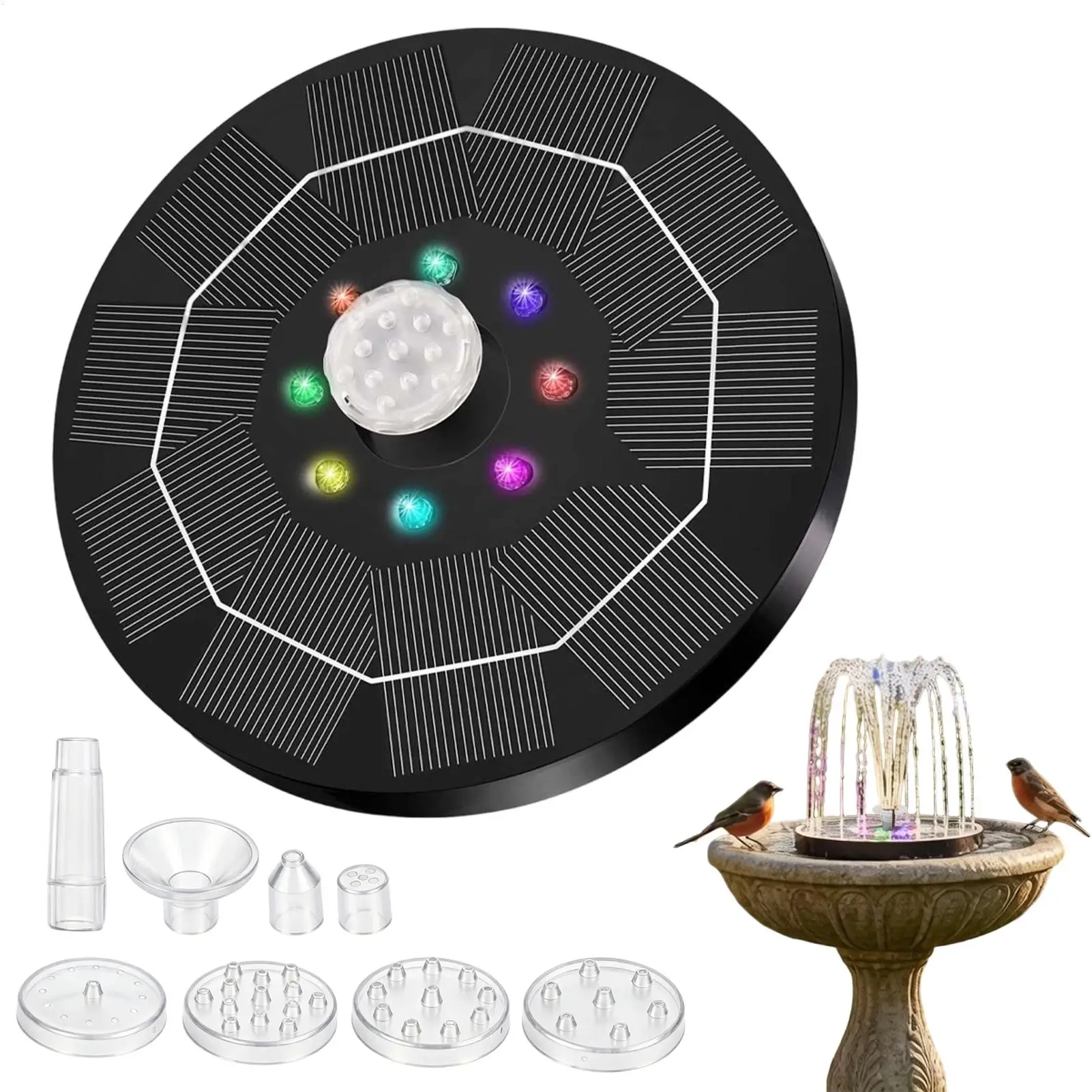 Solar-powered bird bath fountain Solar Water Fountain With colored LED lights 6.3-inch RGB floating fountain 6 Nozzles 1500mAh