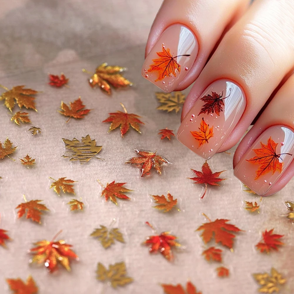 

﻿ ﻿ Новые 5D желе рельефные осенние кленовые листья наклейки для ногтей бронзовый кленовый лист тыква гинкго узор наклейки для ногтей подвески Y2K Deco ﻿ ﻿