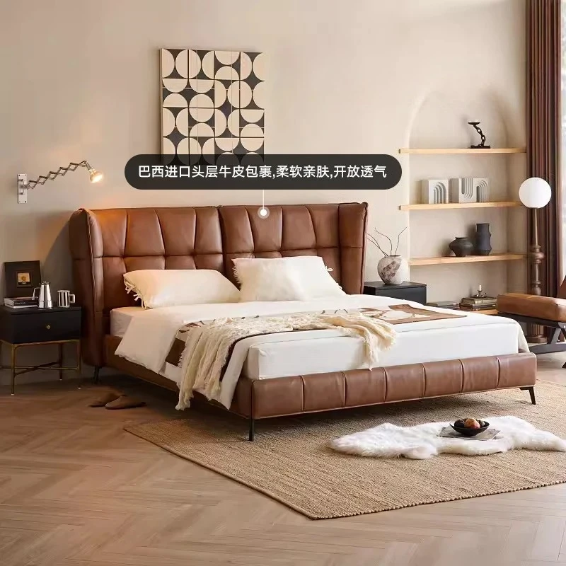 

Nordic Light Роскошная современная кожаная большая кровать для спальни Минималистичная двуспальная кровать с точечным дизайном