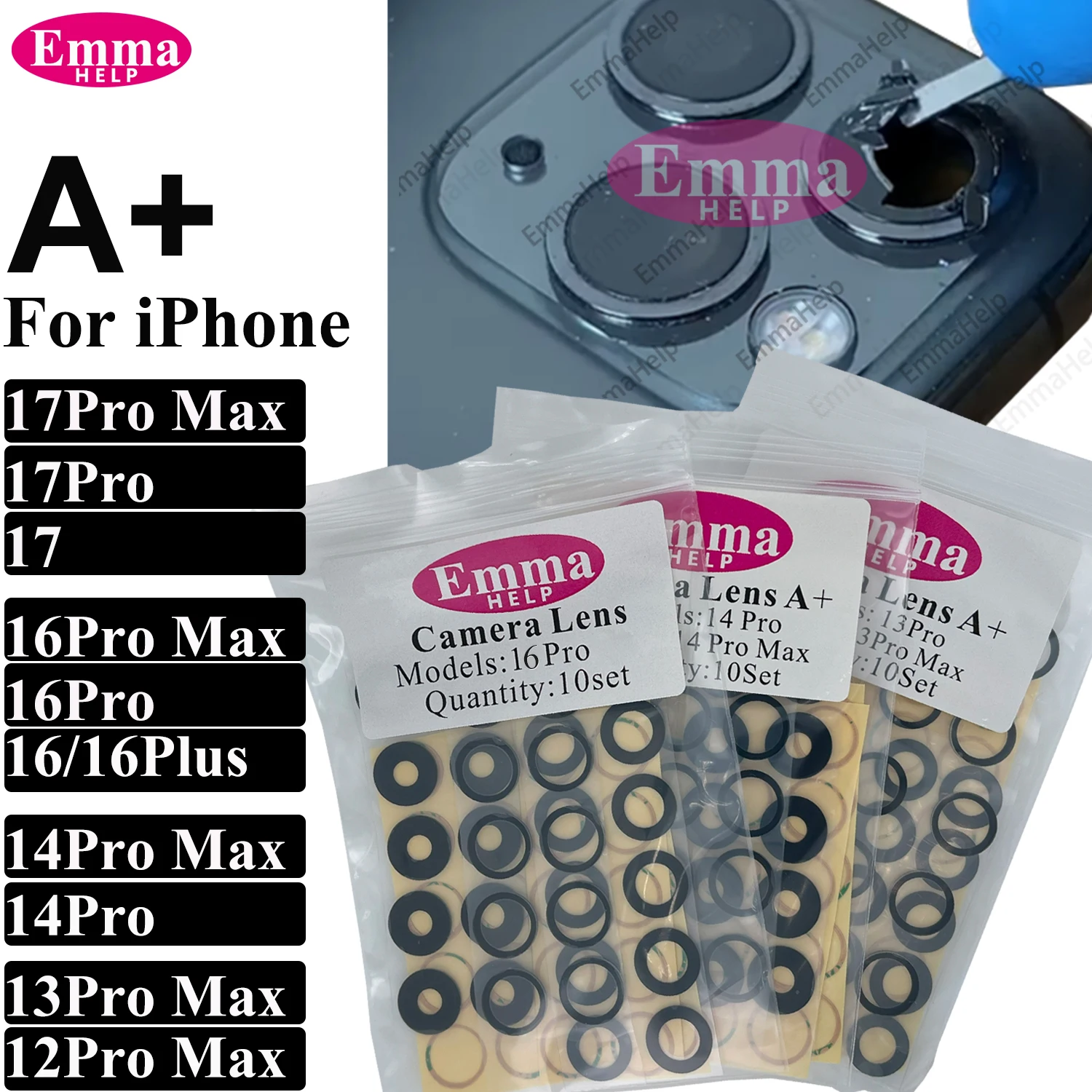 10Set A+ Back Camera Glass for iPhone 16 15 Pro Max 17 Air 14 Plus 13 Mini 12 Rear Camera Glass Lens Cover with Adhesive