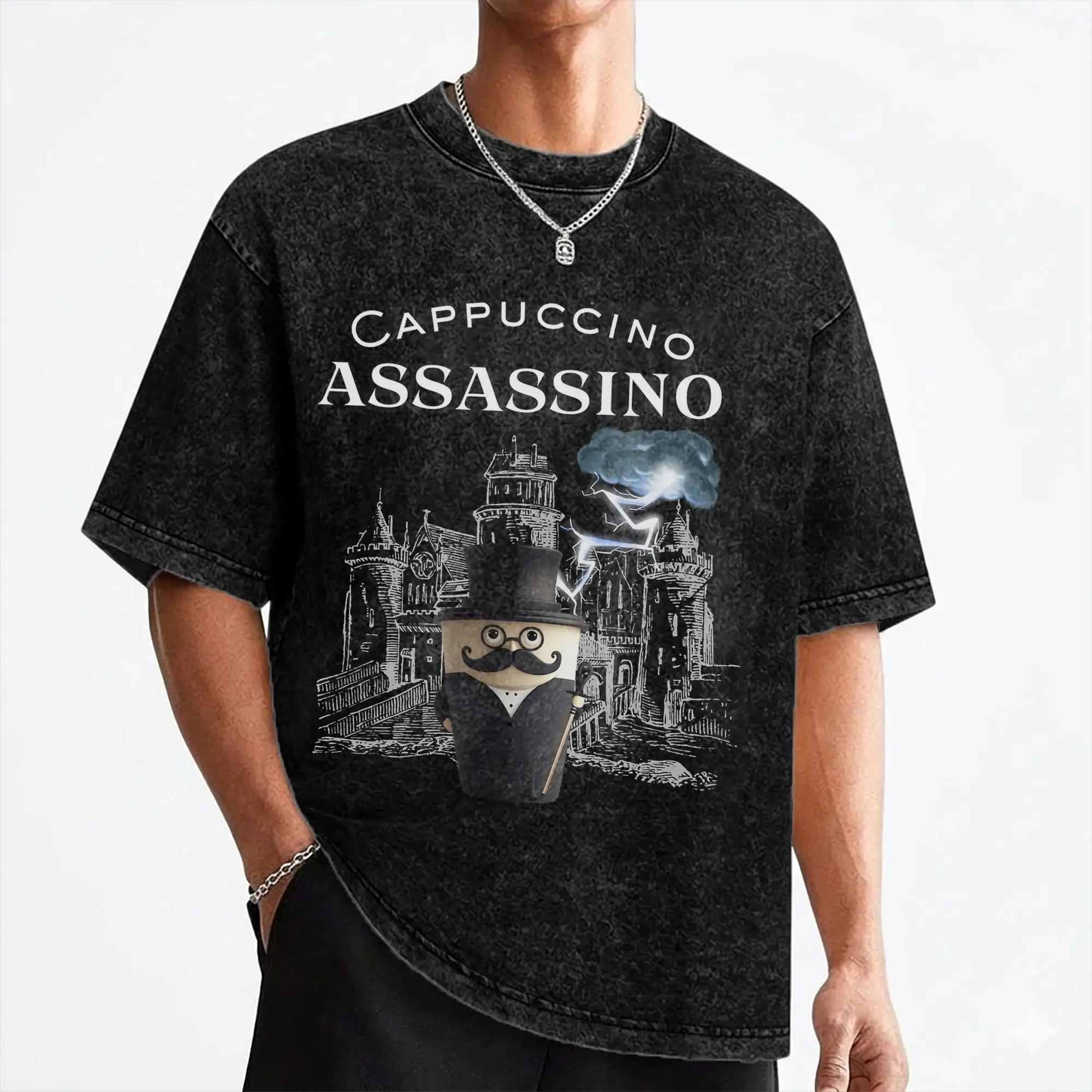 Washed T Shirt Cappuccino Assassino Coffee Lover Hip Hop Retro T-Shirts Oversize Italian Brainrot Streetwear Cotton Tees Men