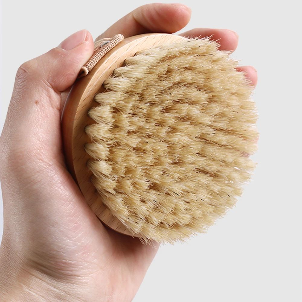 Hog Bristle Bath Brush Massage Back Rub Hand Held Standard Hardness Hair Shower Dry Brushs Wooden Round Bath Fat Skin Scrubber