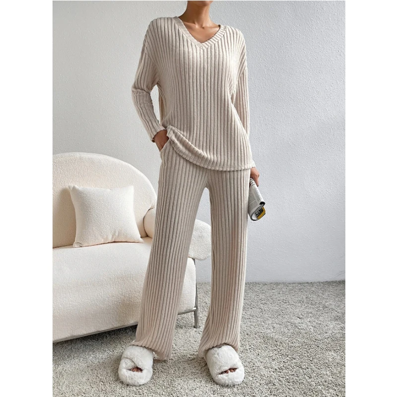 

Women's Autumn Winter Fashion Two Piece Set Casual V-neck Pit Stripe Knitted Long Sleeve Pullover And Straight Leg Pants Sets