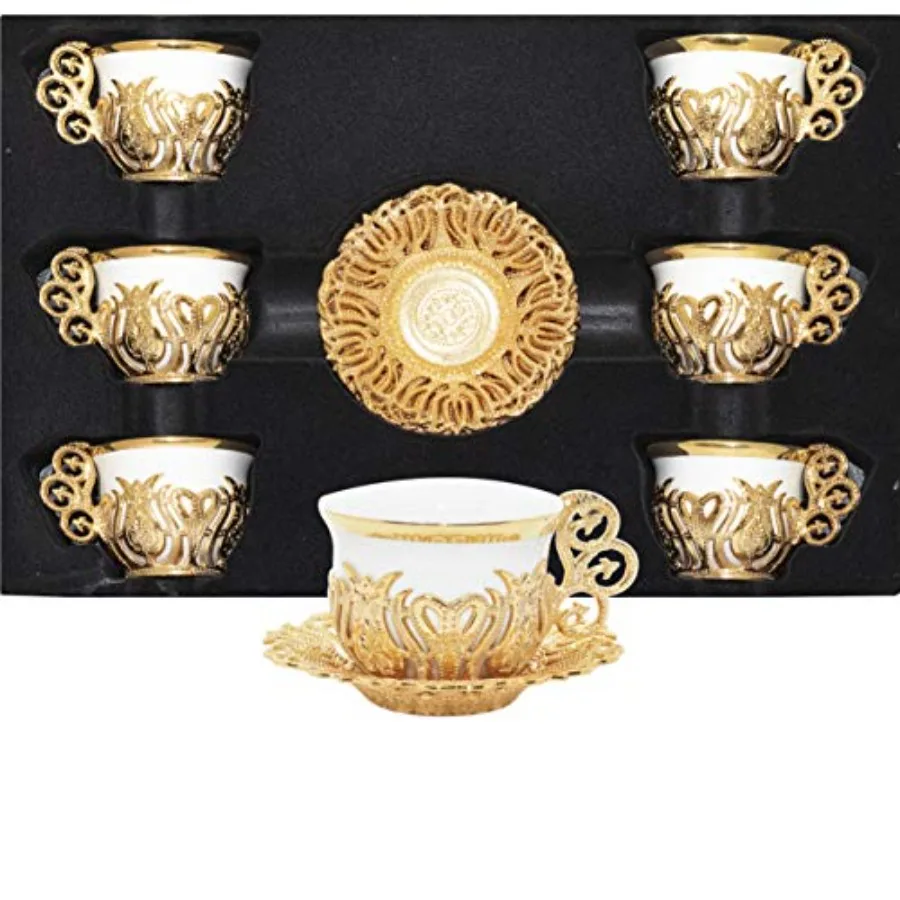 Turkish Coffee Cup Set for Home Use White Porcelain and Zinc Metal with Turkish Motifs Gold Trim 6 Cups and Saucers