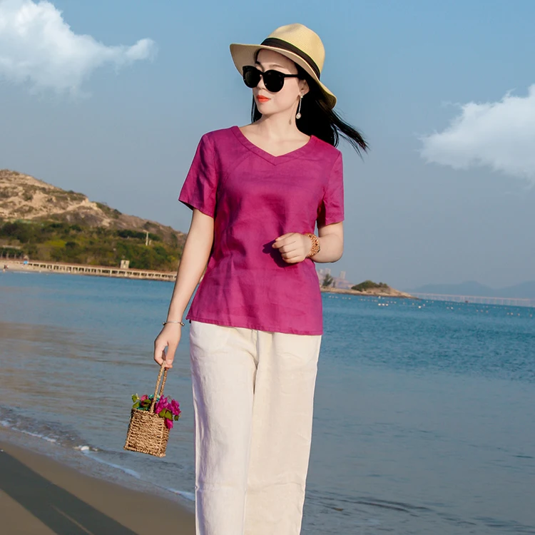 

Loose Cotton Linen irt ort Sve Thin Pure Linen Women's Summer Large Size Faionable V-ne Pullover Original Design