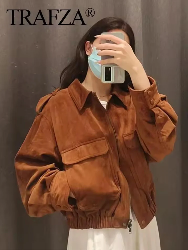 

Women Lapel Suede Fabric Jacket 2025 New Autumn And Winter Fashion Long Sleeve Zipper Coat Chic Female High Street Outerwear