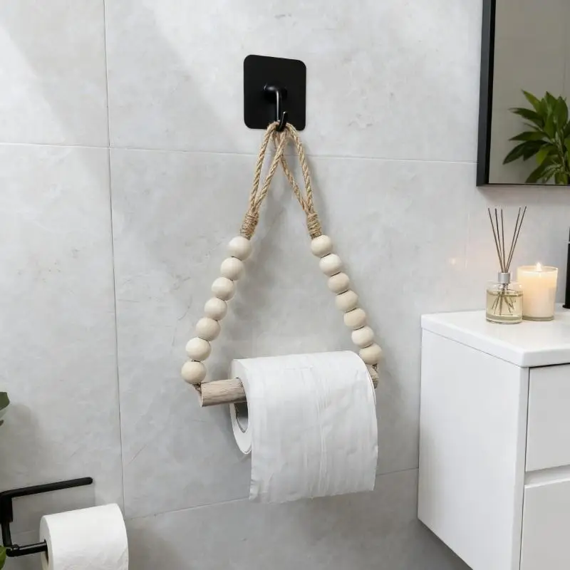 【BA】1Pcs Rustic Style Punch-Free Roll Paper Storage Rack With Hemp Rope Wooden Balls Adhesive Installation Toilet Paper Holder