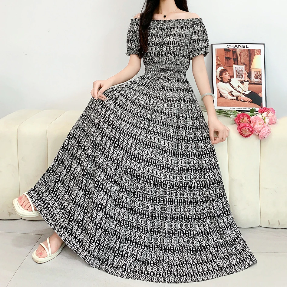 Abito estivo con scollo a barchetta per donna Abito floreale sottile Abiti lunghi Boho Abiti indiani bohémien Abiti casual alla moda coreana