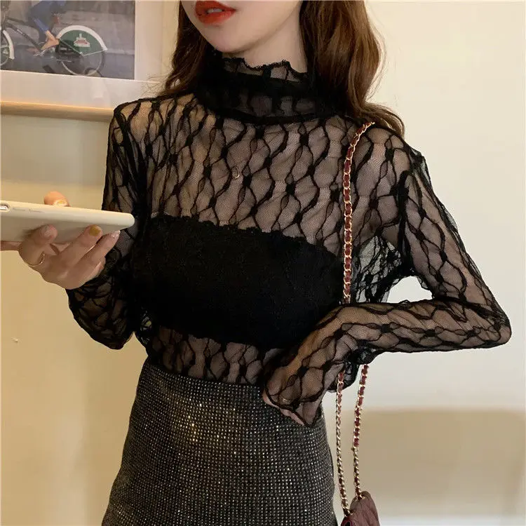 Women\'s Long-Sleeved Lace Shirt Sexy Turtleneck Mesh Stitching Lace Blusas Ropa De Mujer