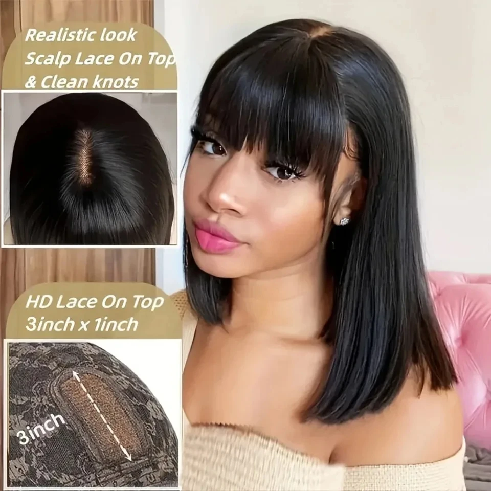 Bone Straight Short Bob Wig With Bangs Brazilian Glueless Wig 3x1 Lace Middle Part Wig Human Hair 250% Density For Women