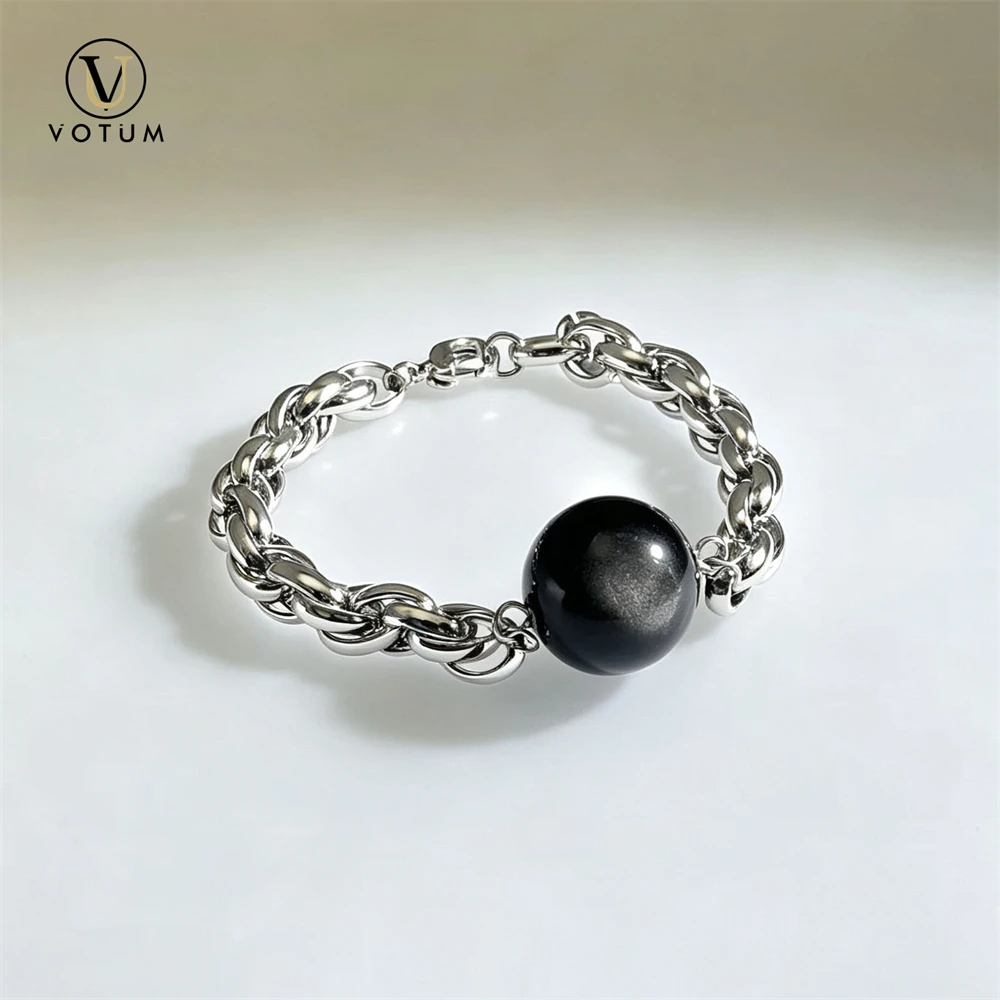 Votum Natural Silver Obsidian Beads Link Chain Bracelet for Men Black Stone Chakra Grounding Energy Protection Beaded Jewelry