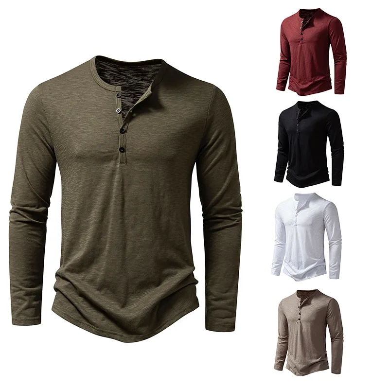 

Men's Solid Color Long Sleeved T-shirt Khaki ArmyGreen Henley Collar Fashion Casual Loose Long Sleeved T-shirt Men's Top