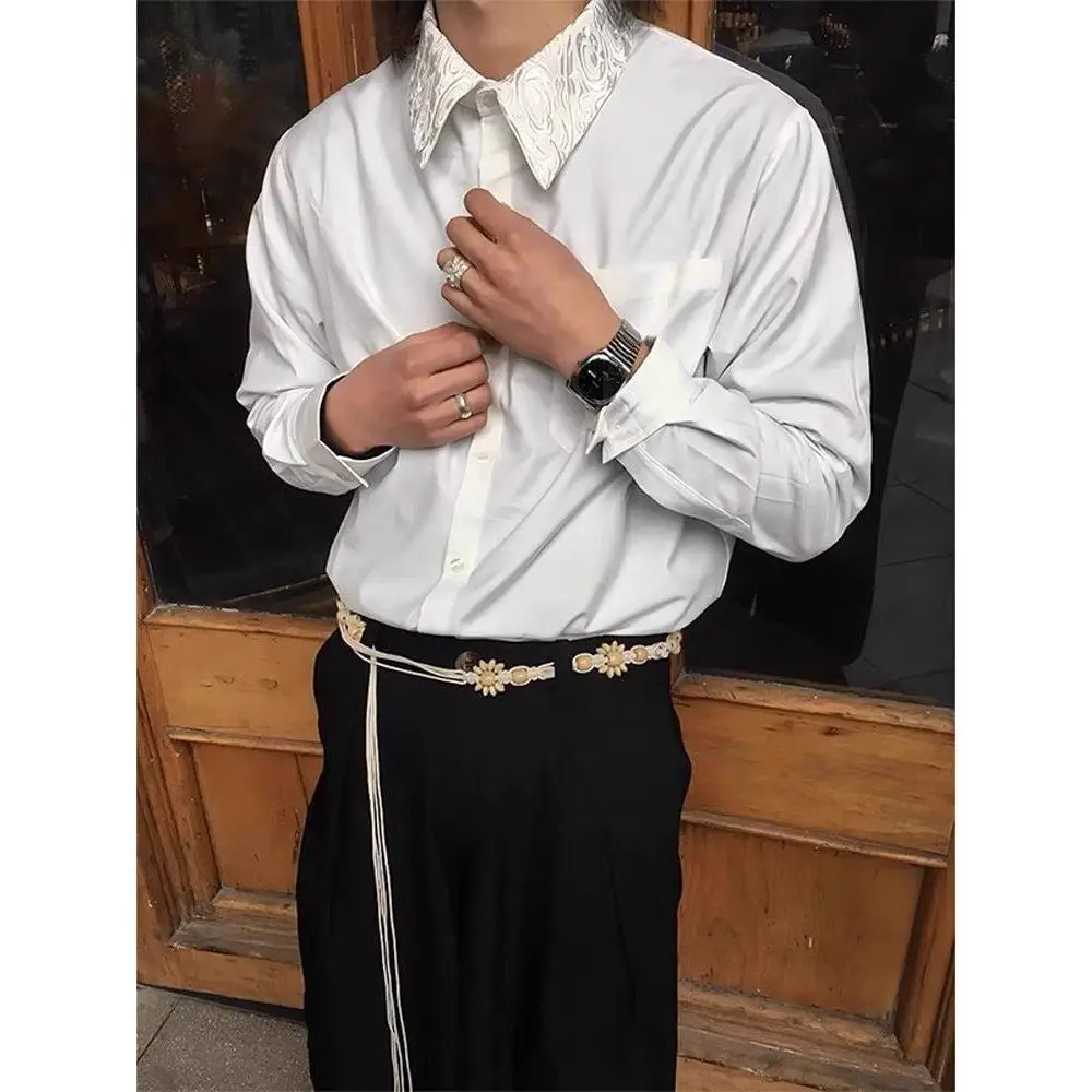 

Retro White Embroidered Floral Collar Men's Shirt Cleanfit High-End Feeling Handsome Design Outerwear Long Sleeve Polyester F...