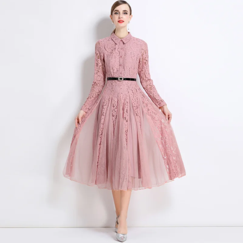 Ele Long Dr Taille Cinched Lace Me Splice Maxirock Sle Streetwear Polyester gestrickt mittlere Taille Thiened Long Sve