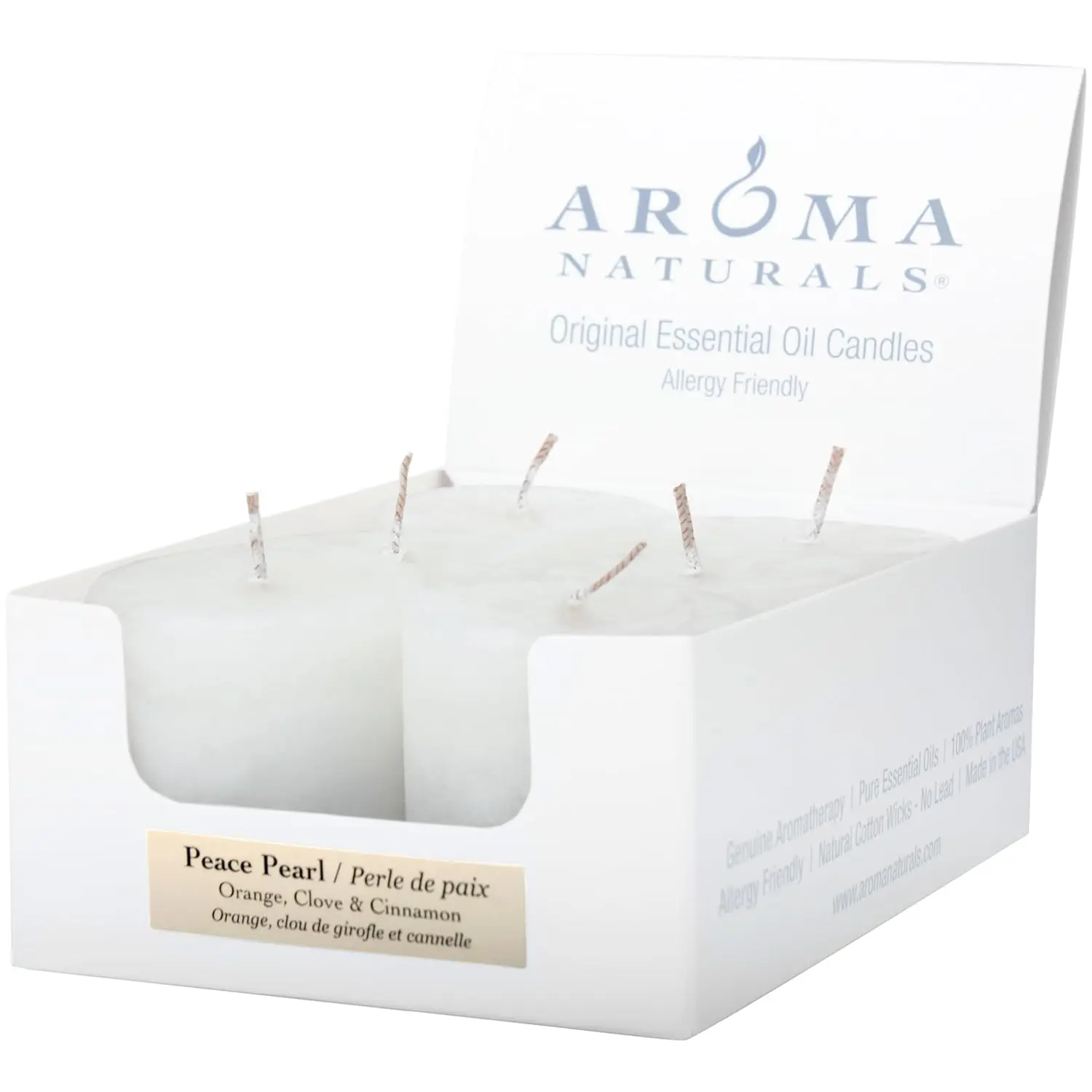 Velas Votivas con Aroma a Naranja, Clavo y Canela, Paquete de 6, Diseño de Perla Blanca Paz, 5.5x3.75x2 Pulgadas