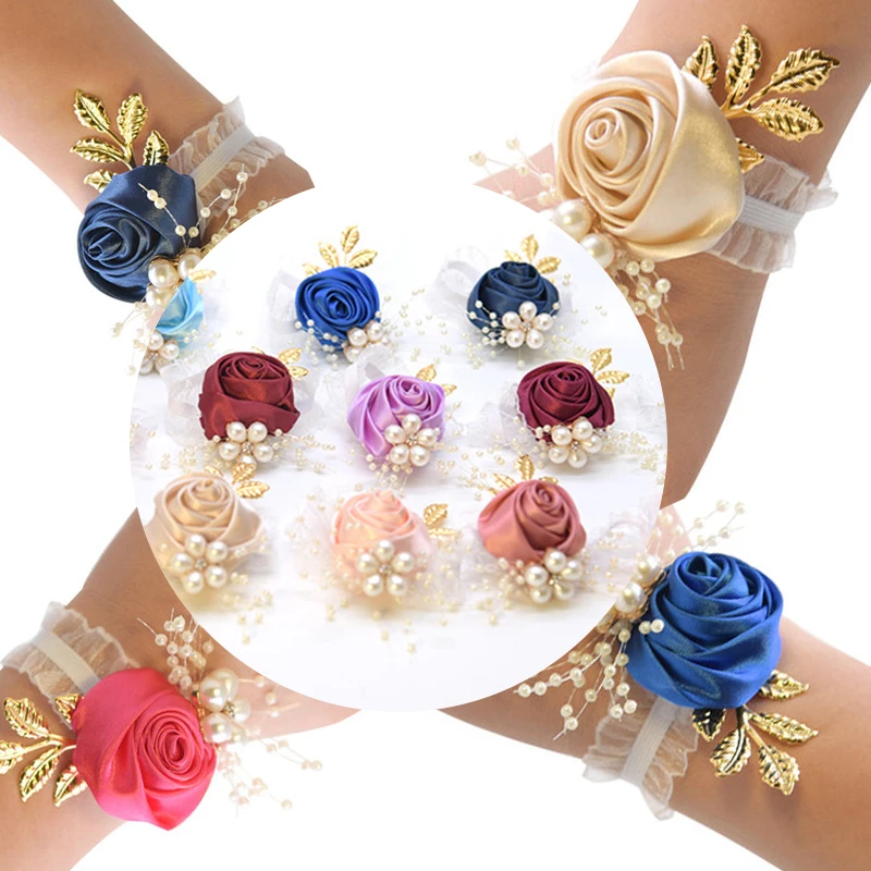 Girls Bridesmaid Wrist Flowers Wedding Prom Party Boutonniere Satin Rose Bracelet Fabric Hand Flower Wedding Decoration Supplies