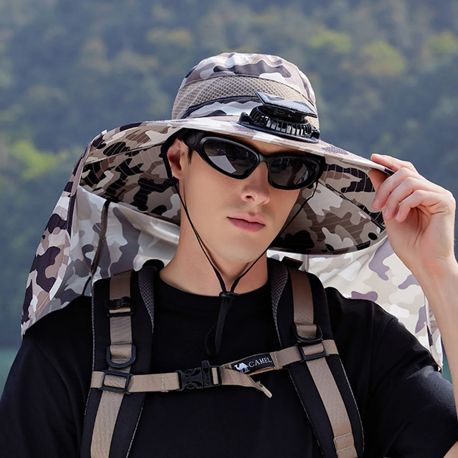 

Outdoor Wide Brim Sun Hat With Solar Fan Wide Brim Solar Fan Outdoor Fishing Hat Solar USB Charging Camouflage Men Caps
