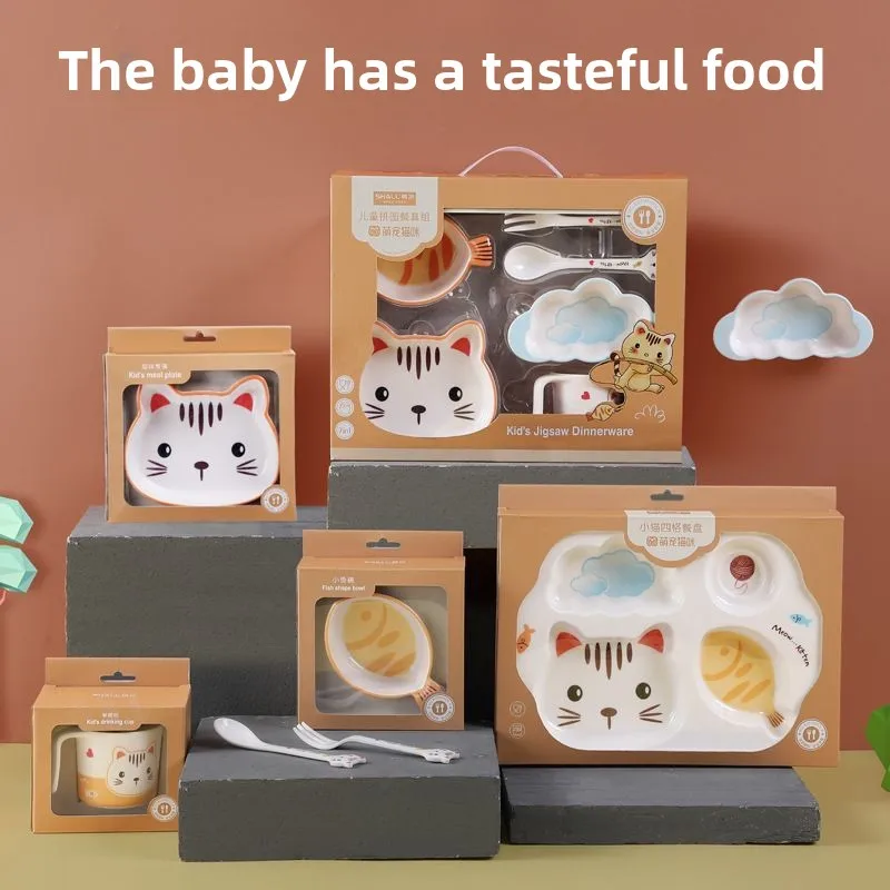Cartoon Kitten Children's Tableware Gift Box Set, Children's Special Compartment Plate, Cute Baby Food Bowl Spoon Cup