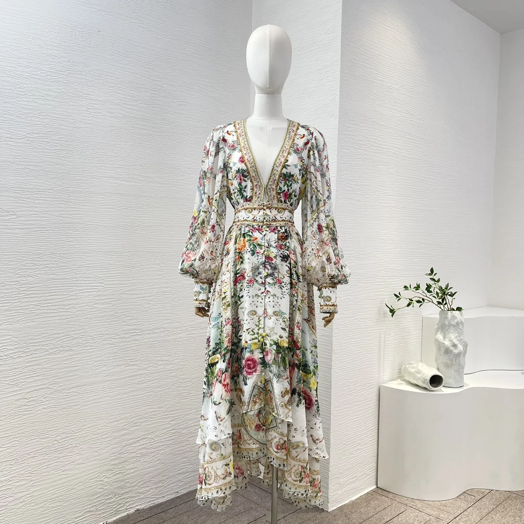 Graceful New Collection High Quality Silk Luxury White Floral Print Long Lantern Sleeve Women Midi Dress