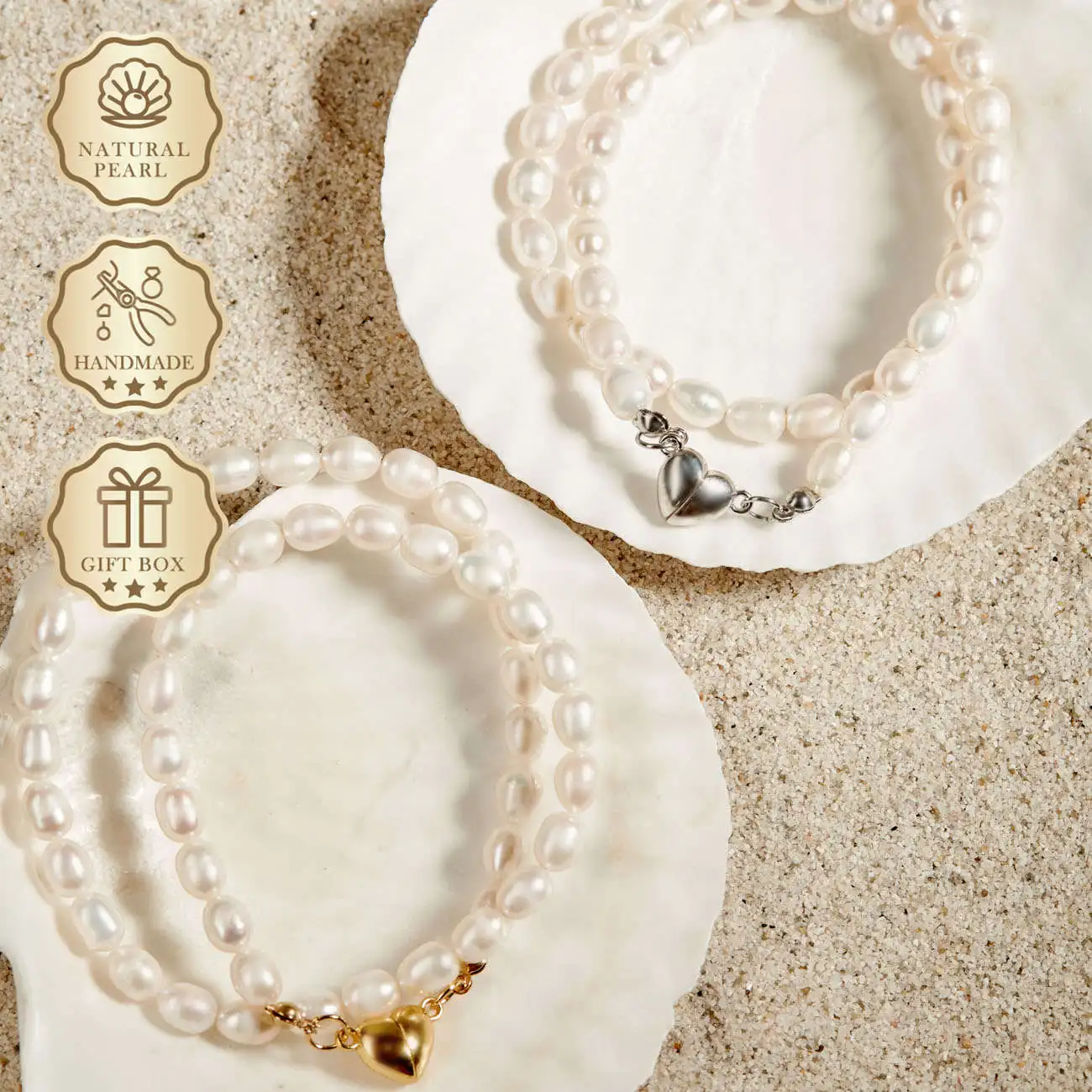 

MYSOYA White Rice Freshwater Pearl Necklace 6–7mm with Gold & Silver Heart Clasp, Gift Box, Birthday & Anniversary Gift