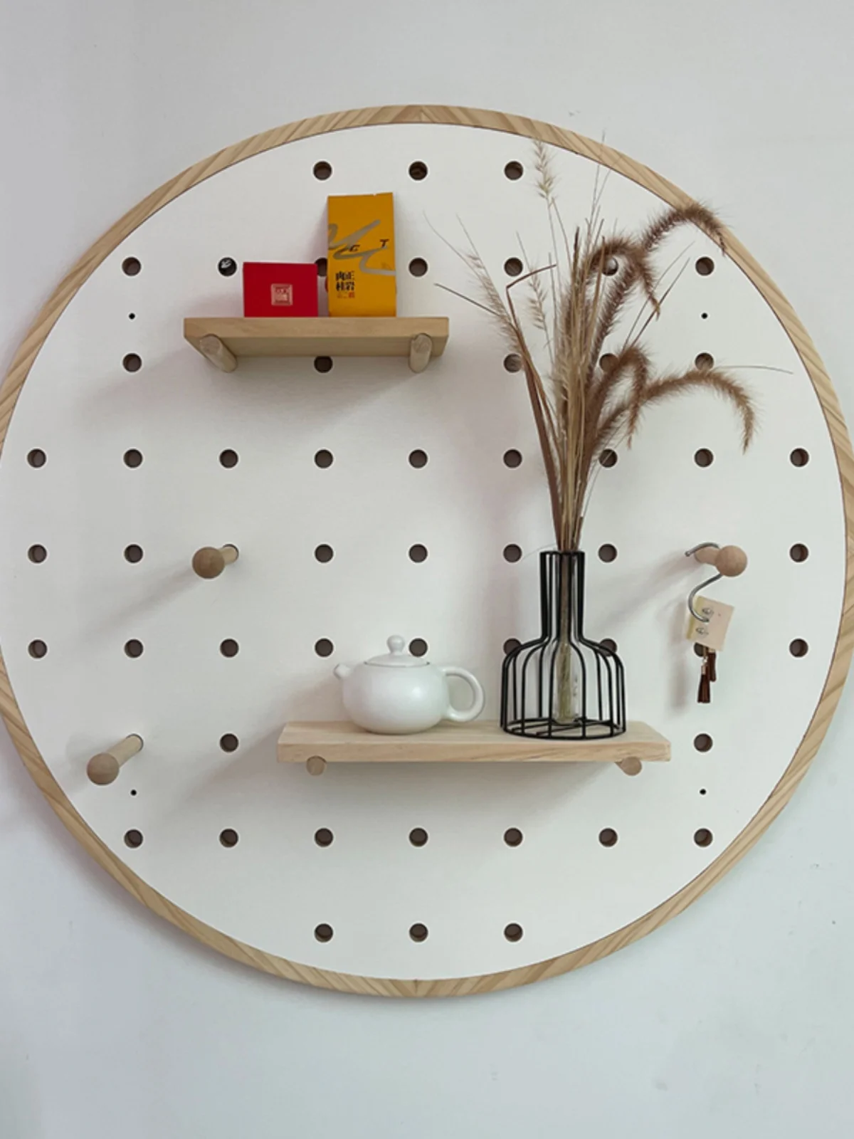 Round hole board wall rack Solid wood board Decorative storage wall