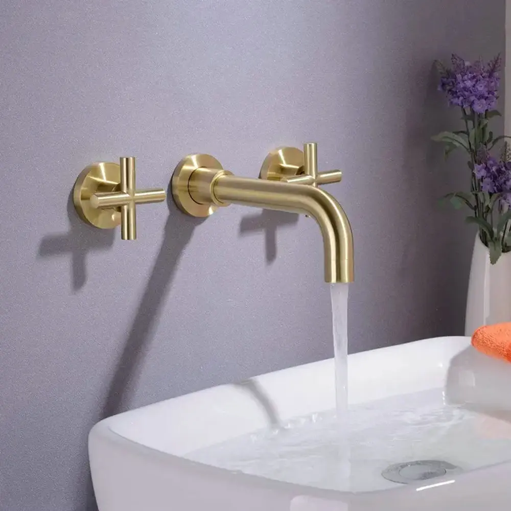 Modern Golden Wall-Mounted In-Wall Basin Faucet Innovative Two-Separated Brushed Brass Handle Zinc Material Bathroom Use